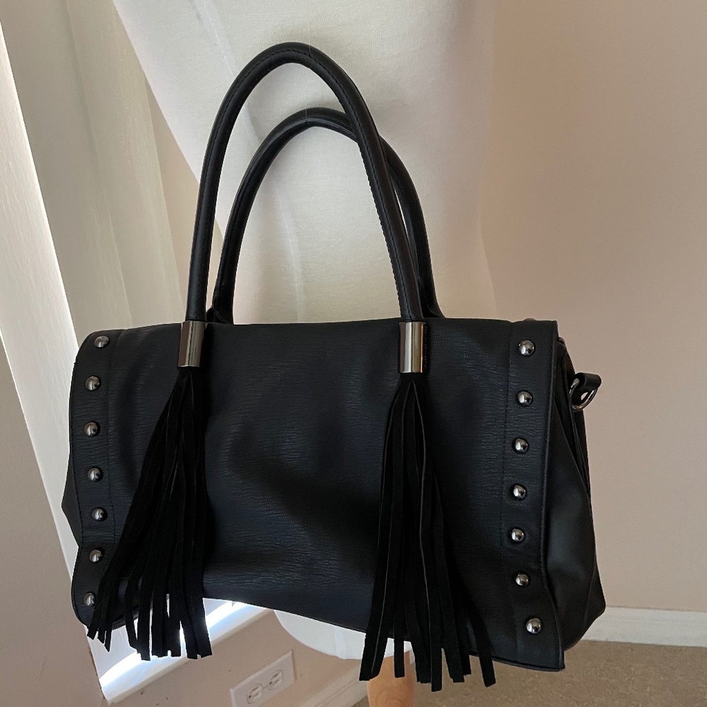 New French connection black satchel hand bag with fringes